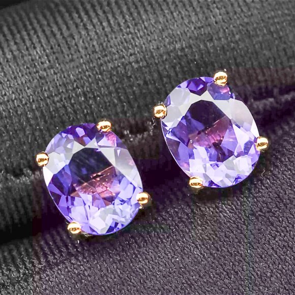 Violet Sapphire Oval 2.45Ct 925 Sterling Silver Handmade Stud Earrings - Picture 3 of 5